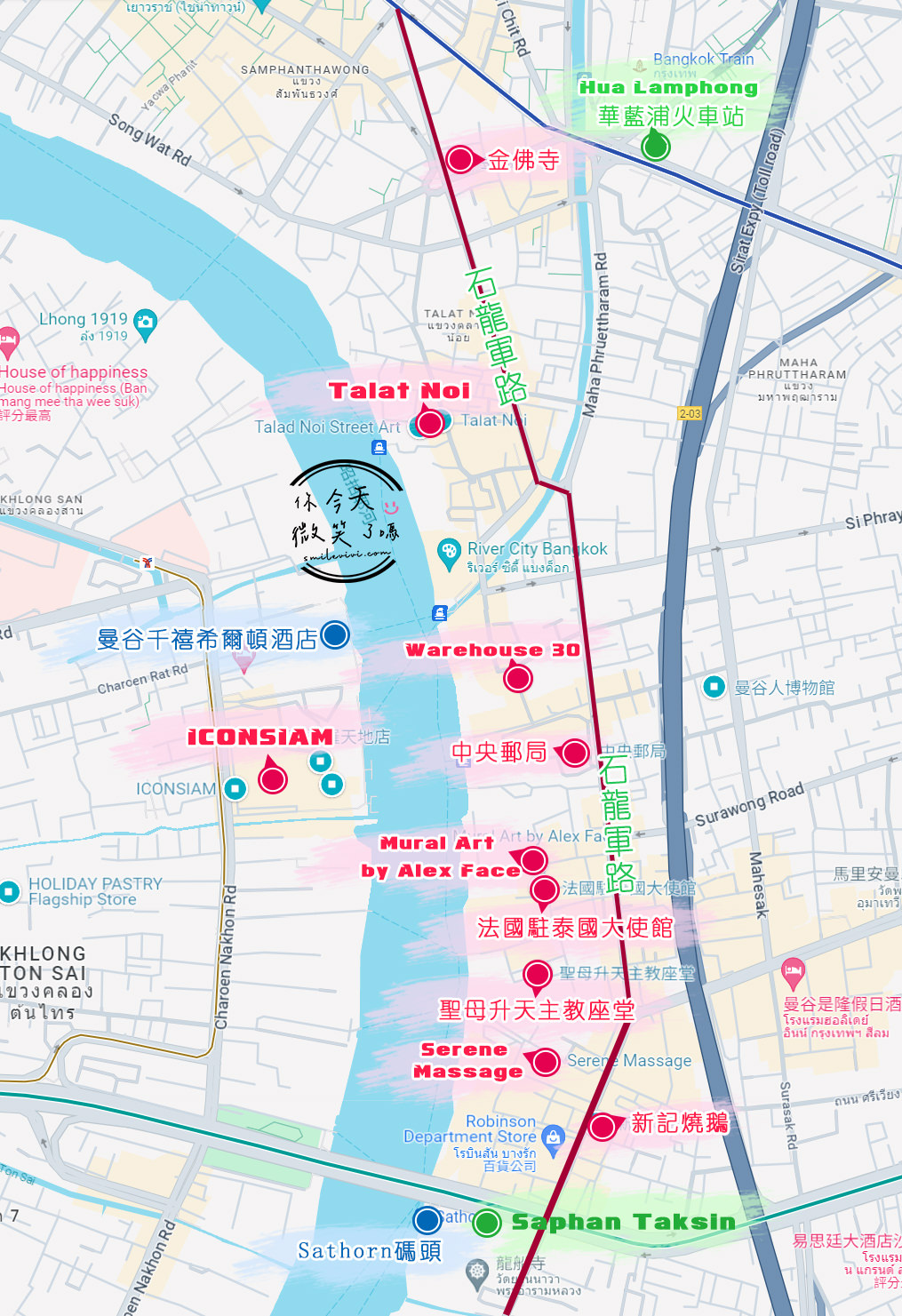 曼谷免費景點∥Talat Noi Street Art，塗鴉藝術小街︱網美打卡新景點彩繪巷，老巷弄超好拍，Ft.路邊街頭水果冰沙清涼美味︱曼谷石龍軍路、曼谷打卡景點 1 Charoen Krung map